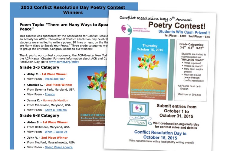 Student Poetry Contest winners website screen capture and a flyer announcing new contest